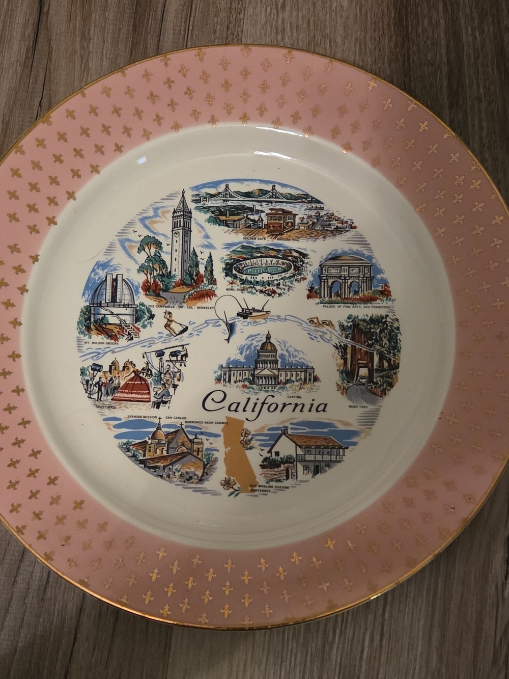 Homer Laughlin California Souvenir Plate in Pink and Gold Accents